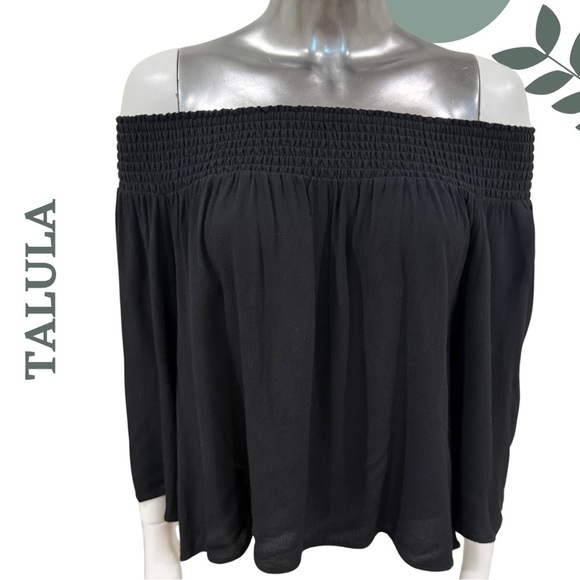 Aritzia Talula Marcilly Blouse | Black Off-Shoulder Smocked Top | Size Small - Picture 4 of 7